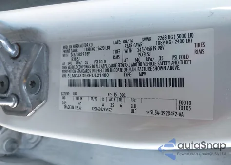 2017 Lincoln Mkc Reserve z USA, uszkodzony, nr VIN 5LMCJ3D98HUL21480